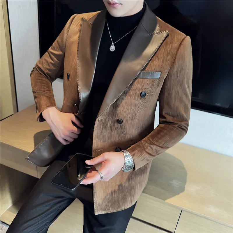 British Style Luxury Men Double Breasted Suit Jacket High Quality Fashion PU Leather Neck Spliced Coats Groom Social Party Dress
