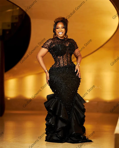 Sparkly Black Ruffles Aso Ebi Evening Dresses Bead Crystal 2024 Birthday Luxury Dress O Neck Mermaid Party Gown Customized