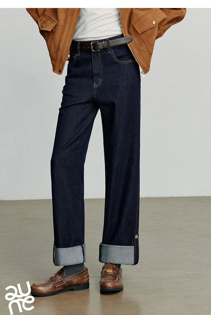 Women Denim Jeans 2025 Autumn New Lyocell Rolling Up Hem Elastic and Simple Straight Leg Ankle Length Pants