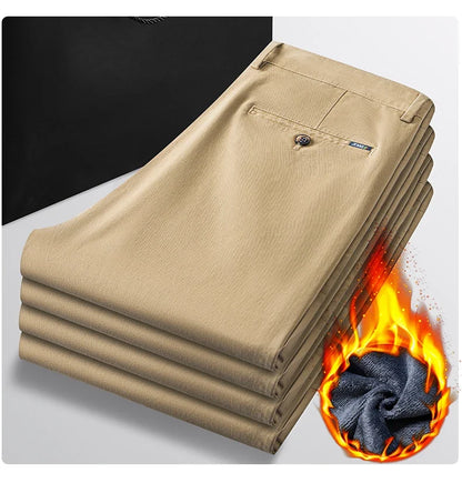 97% Cotton Straight Velvet Casual Pants Men Stretch Loose Classic Business Warm Trousers High Quality Winter Thick Fleece Pants
