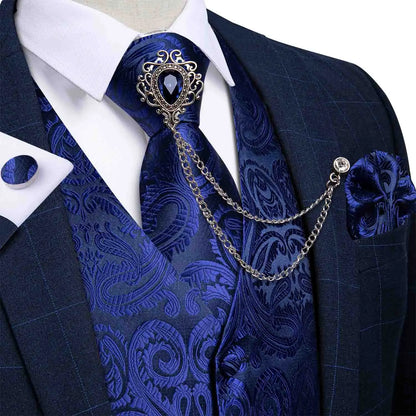 New Teal Green Paisley Formal Dress Vest Men's Suit Vest Waistcoat Tie Brooch Pocket Square Set for Tuxedo