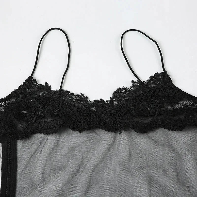 Lace Transparent Mini Dress Sexy Women Wrapping Spaghetti Embroidery Flower Sheath Nightwear Club Mesh Wave Fantacy
