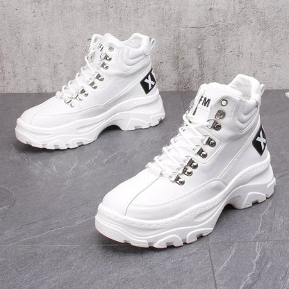 White High Top Board Boots for Men Thick Soled Men Boots with Elevated Height Inside Outdoor Casual Versatile High-top Shoes