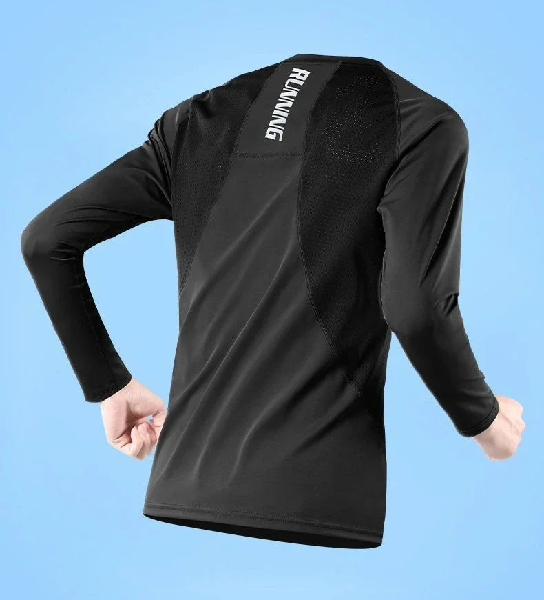 Ice Silk Long Sleeve T-Shirt Men Quick Dry Sun Protection Summer Thin Stretch Sports Top Breathable Mesh