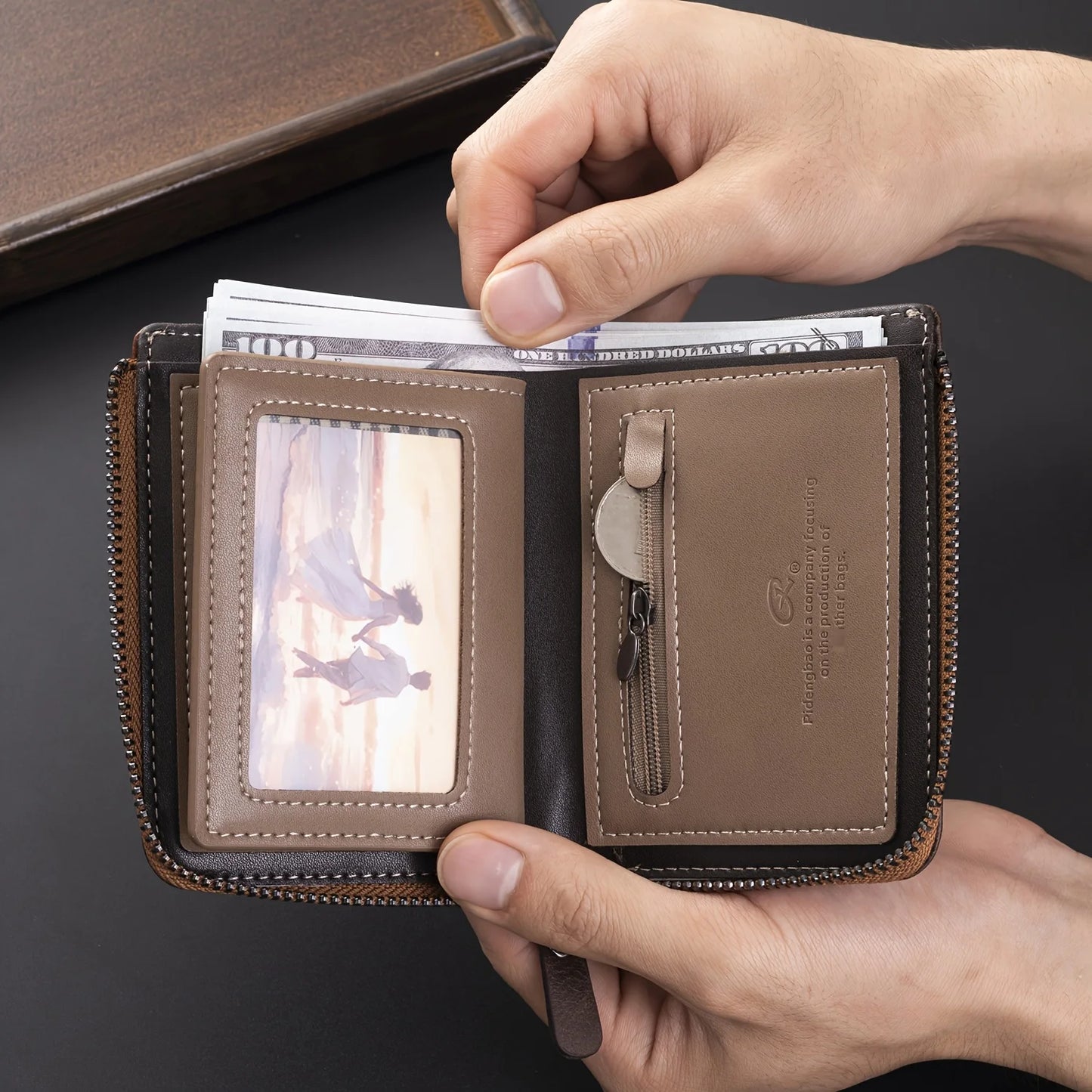 Customized Photo Men Retro Short Wallet Engraved Picture Zipper PU Leather Coin Purse High Quality Credit Card Holder Ideal Gift