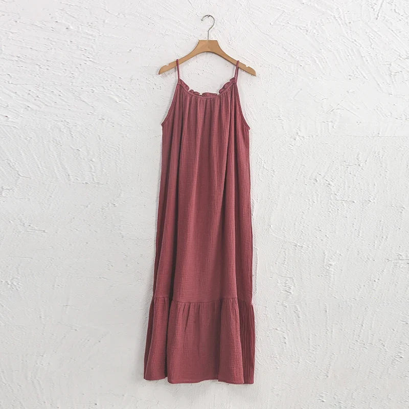 Vintage Muslin 100% Cotton Gauze Summer Dress Women Loose Sexy Sleeveless Ruched Long Maxi Desses Chic Vestidos