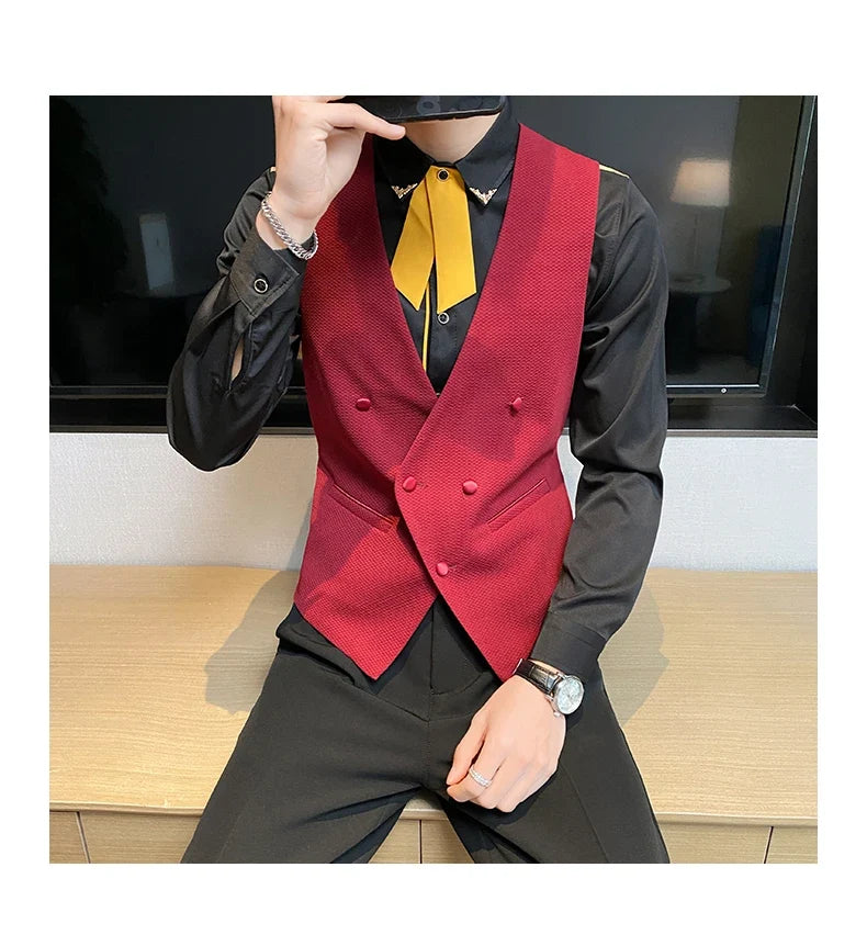 2025 New Fashion Men's Double Breasted Gentleman Dress Casual Vest Fashion Nightclub Bartender Work Clothes V Neck Vest Jacket