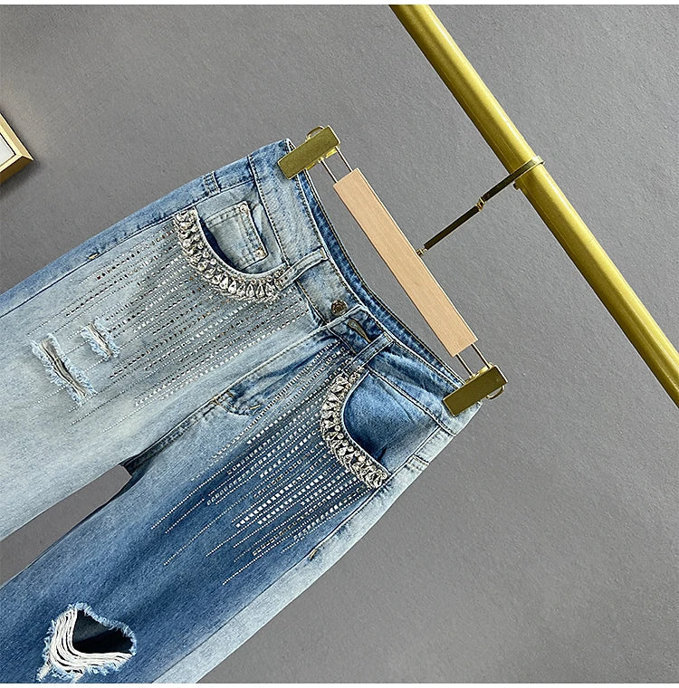 High Waist Wide Leg Jeans Women's Summer Loose Slimming Diamond Embedded Long Pants Break Hole Denim Pants Hong Kong Sle ...