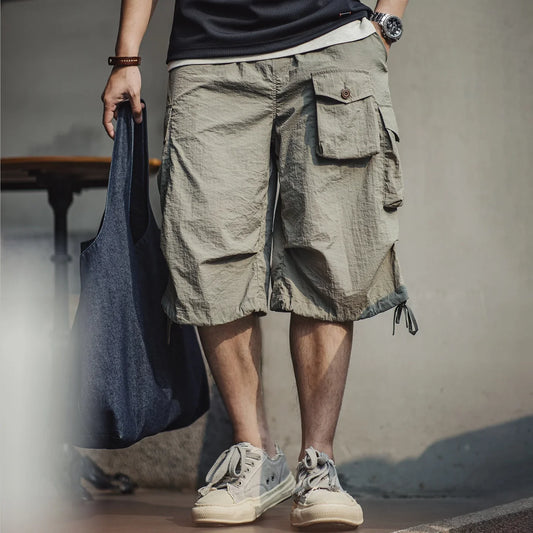 Summer Men's Cargo Pants  Vintage Multiple Pockets Commuting Short Pants Elastic Waistband Knee Length Shorts