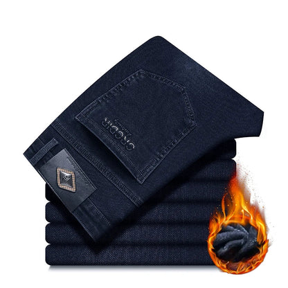 Men's Thicken Fleece Straight Jeans Winter Business Casual Stretch Denim Pants Warm Plush Brand Trousers Pans Male Classic