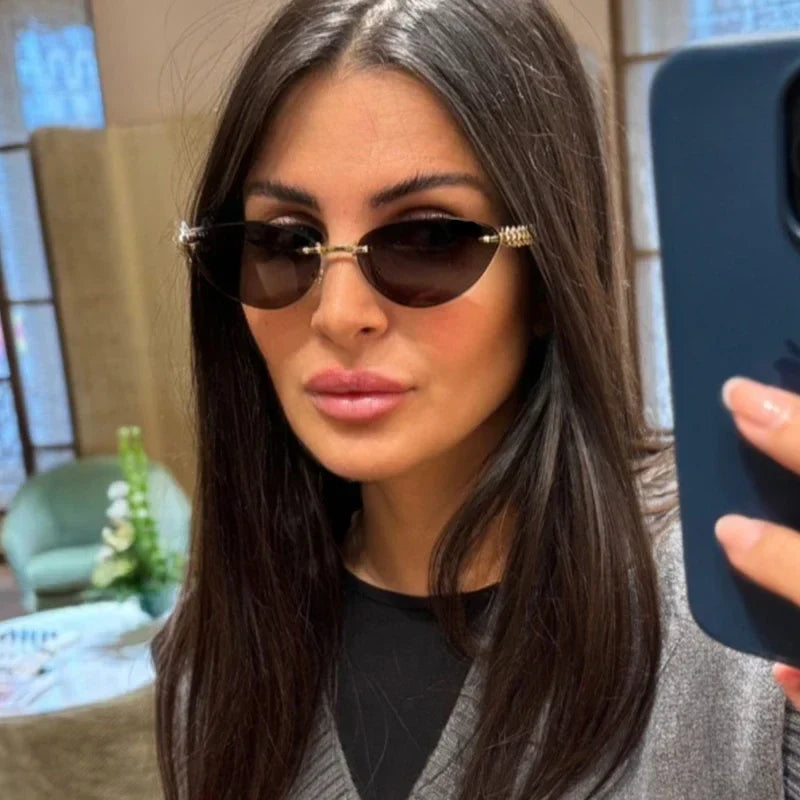 2026 Cat Eye Rivet Rimless Sunglasses Women Luxury Fashion Brand Oval Narrow Sun Glasses Shades Trendy Elegant Unique Eyewear