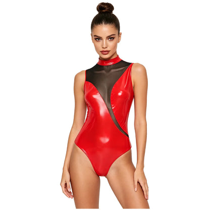 Womens Patent Leather Bodysuit Jumpsuit Sleeveless Invisible Zipper Back Mesh Patchwork Shiny Leotard for Disco Party Clubwear