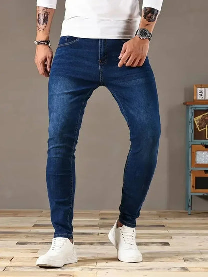 Men Jeans Stretch Skinny Denim Pants Solid Color Black Blue Spring Luxury Street Harajuku Hip-Hop Style Slim Fit Trousers Brand