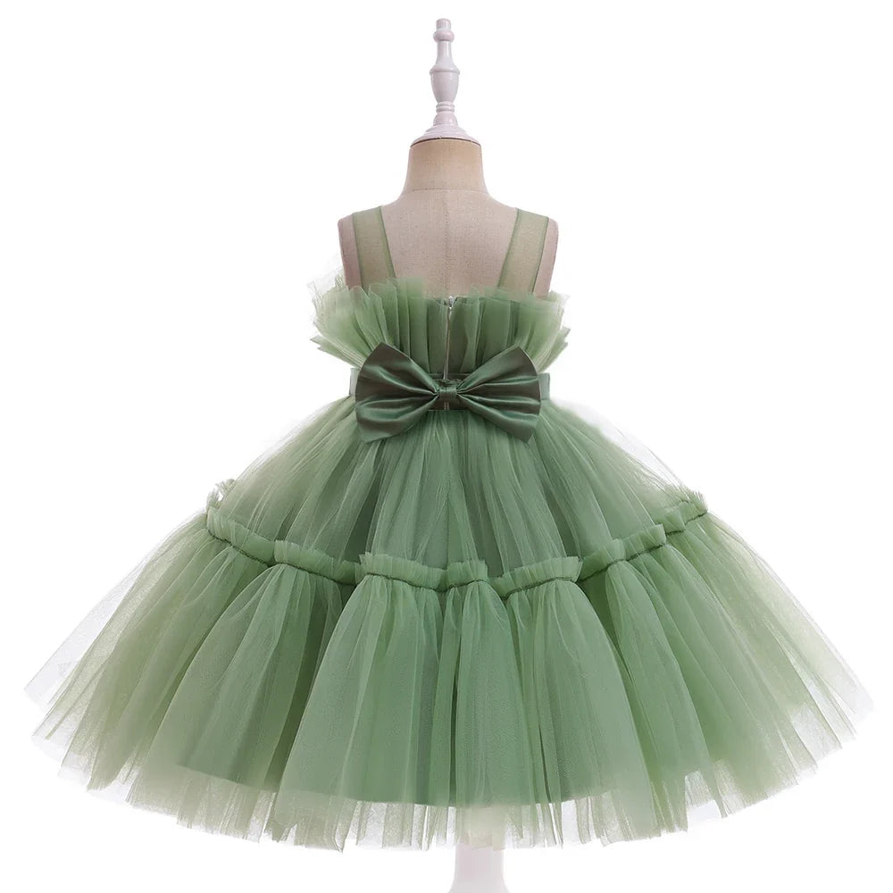 Elegant Ruffles Wedding Party Baby Girls Dress Tulle Pink Bow Bridemaid Princess Birthday Kids Dresses For Girl Evening Costumes