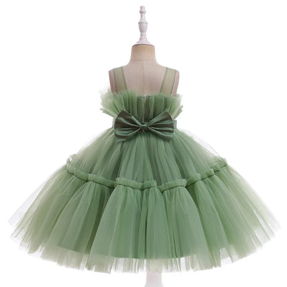 Elegant Ruffles Wedding Party Baby Girls Dress Tulle Pink Bow Bridemaid Princess Birthday Kids Dresses For Girl Evening Costumes