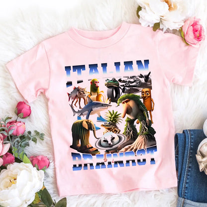 Italian Brainrot T-Shirt Kids Cartoon Anime Print Clothes Round Neck Basic Boys Tops Absorbent Casual Shirts Gift