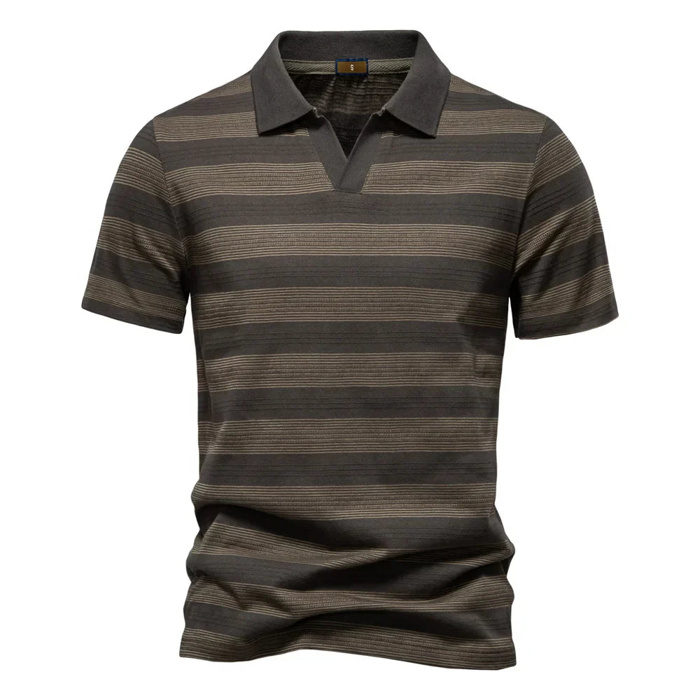 2025 New Summer Striped V Neck Cotton Polo Shirts for Men Breathable Short Sleeve Casual Knit Shirts Comfort Fit