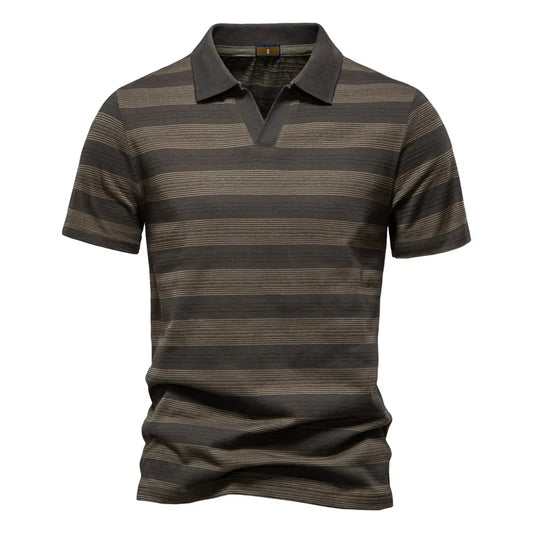 2025 New Summer Striped V Neck Cotton Polo Shirts for Men Breathable Short Sleeve Casual Knit Shirts Comfort Fit