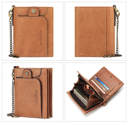 Portefeuille en Cuir Véritable pour Homme Blocage RFID Porte-cartes de Crédit Sac à Main Homme Court Bifold avec Fermeture Éclair Porte-monnaie et Chaîne Antivol