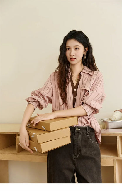 Peach Skin Velvet Stripe Shirt for Women Autumn 2025 Double Layered Collar Contrasting Color Shirt Commute Top MXE47C2408