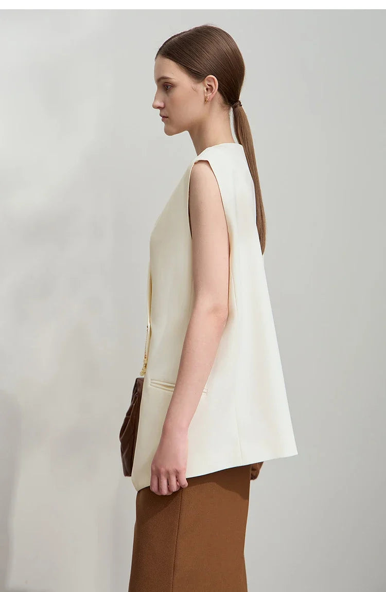 Minimalism England Style Vest Women 2025 Autumn New Gentle Commuter Versatile Sleeveless Loose Mid-Length Vest 12521012