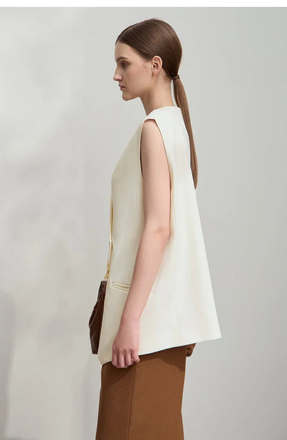 Minimalism England Style Vest Women 2025 Autumn New Gentle Commuter Versatile Sleeveless Loose Mid-Length Vest 12521012