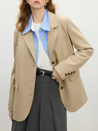 Women Khaki Blazer 2025 Spring New Office Lady Black Simple Loose Front Shoulder Blazer Coats Button Design Coat 25FS11071