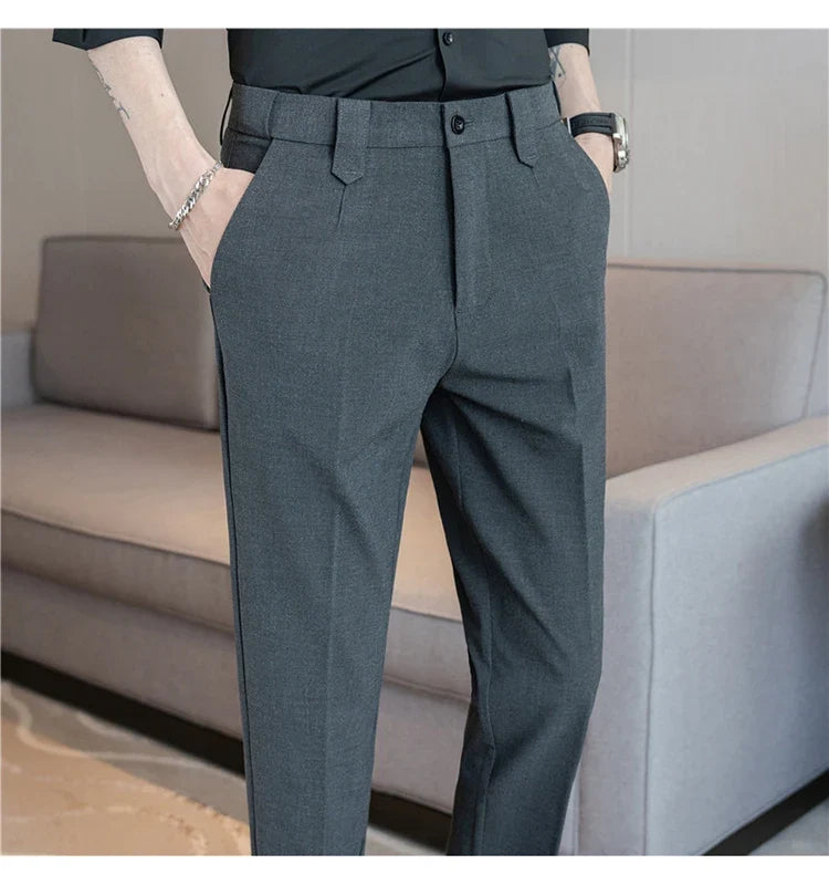 Elastic Waist Solid Color Suit Pants Men Formal Slim Fit Business Casual Trouser High Quality Social Wedding Fashion Dress Pant