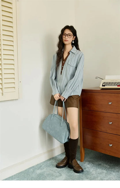 Peach Skin Velvet Stripe Shirt for Women Autumn 2025 Double Layered Collar Contrasting Color Shirt Commute Top MXE47C2408