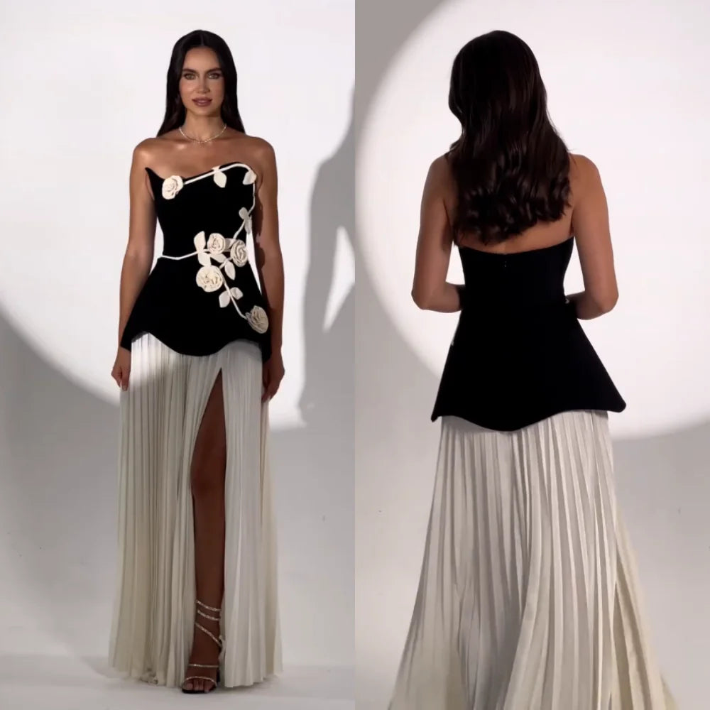 Customized Jersey Flowers Pleat Strapless A-line Long Dresses Bespoke Occasion Elegant Party Wedding Formal Evening