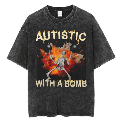 Autism Skeleton Meme T Shirt Human Funny Skull Men Women Harajuku Gothic Vintage Washed T Shirts Oversized Casual Cotton T-shirt