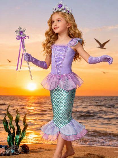 Popular Movie Children Fish Princess Dress With Purple Sequins Decoration And Fish Scales Skirt Holiday Role-Playing Dress