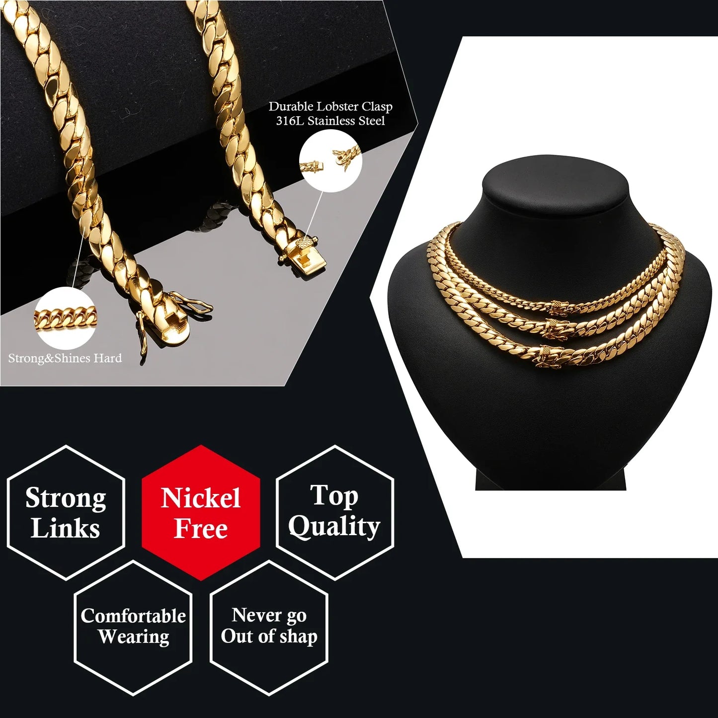 Hip Hop Bling Gold Cuban Link Chain Necklace For Men, Rapper Style Tank Chain Jewelry, Trendy Whip Chain Necklace