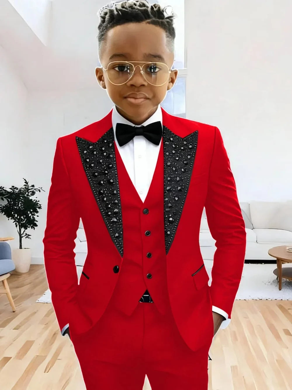 Boys Luxury Beaded Suit Set 3 Pieces For Evening Party High Quality Peak Lapel Suits Piano Performance Wear Elegant Plus Size