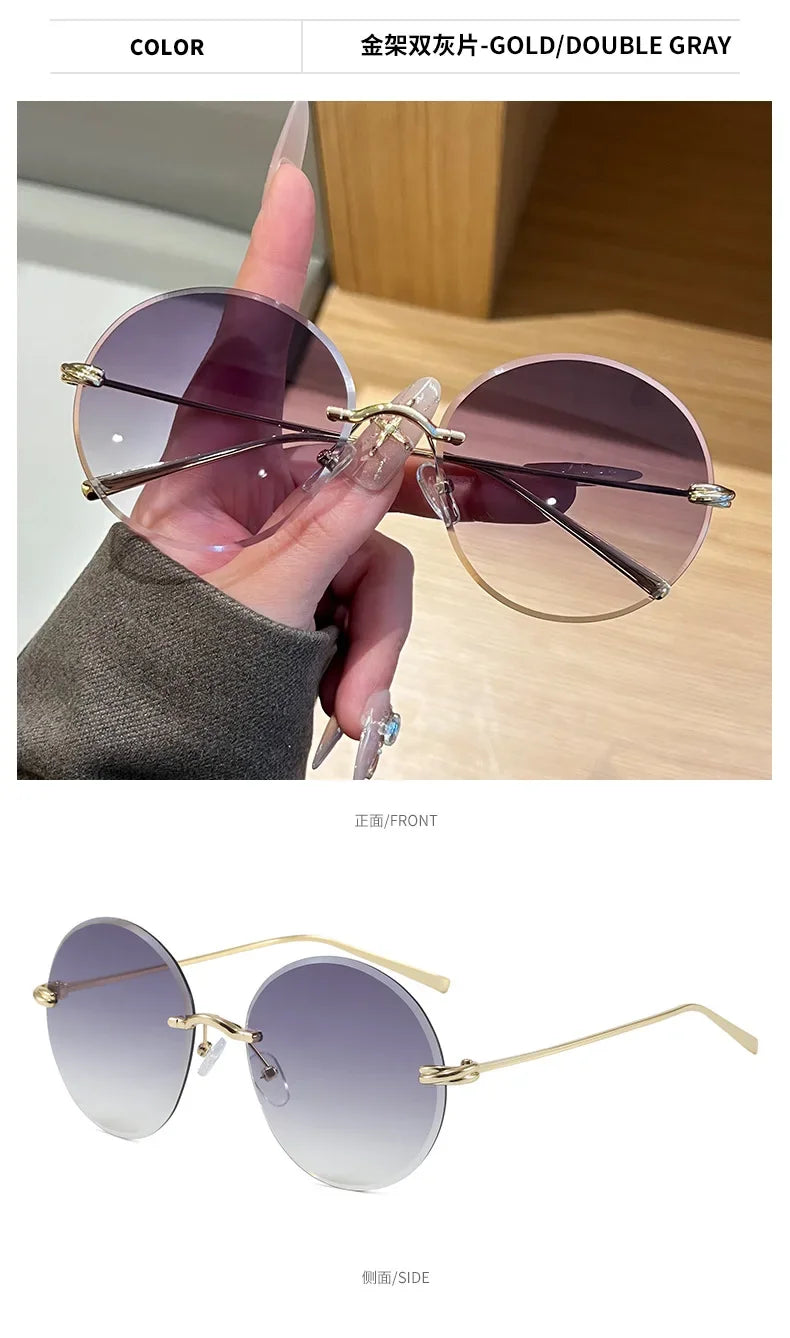2026 New Fashion rimless circle frame sunglasses for women new alloy oversize gradient knot sun glasses ladies sexy shades uv400