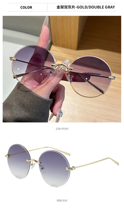 2026 New Fashion rimless circle frame sunglasses for women new alloy oversize gradient knot sun glasses ladies sexy shades uv400