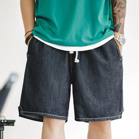 Vintage Cool-Touch Denim Shorts Men's Summer Lightweight Straight Leg Elastic Waist Jeans Shorts Breathable Casual Bottom