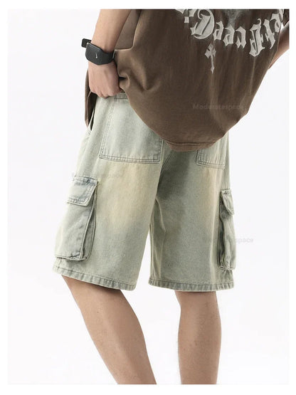 Summer Retro Fashion Denim Shorts for Men Loose Straight Leg Multi-pocket Short Jeans With Elastic Waist and Drawstring Male