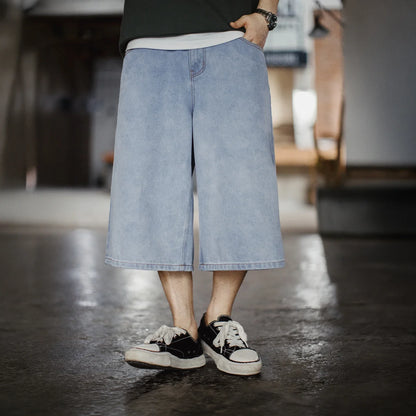 Men's American Retro Ice Blue Washed Denim Shorts Straight A Line Seven Inch Pants Vintage Workwear Loose Summer Trousers
