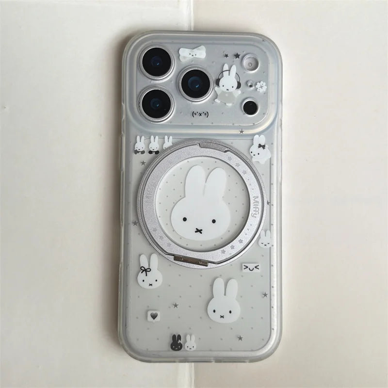 Rabbit 360° Rotatable Stand Phone Case Clear Glitter Shockproof Cover For iPhone 15 16 17 Pro Max For Girls