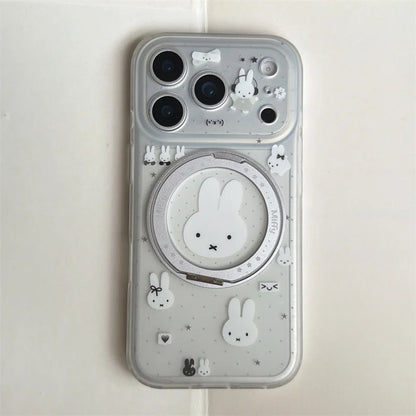 Rabbit 360° Rotatable Stand Phone Case Clear Glitter Shockproof Cover For iPhone 15 16 17 Pro Max For Girls