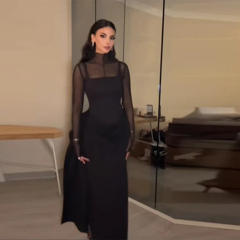 Stylish Lady Mesh See Long Sleeve Splicing Dress Elegant Evening Gown Women's 2026 New Luxury Boutique Club Party Dresses