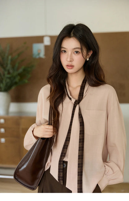 Women's Dusty Pink Shirts Spring Plaid Tie Neck Loose Casual Shirt 100 Lyocell Lantern Sleeve Top Office Lady MXF108C0817