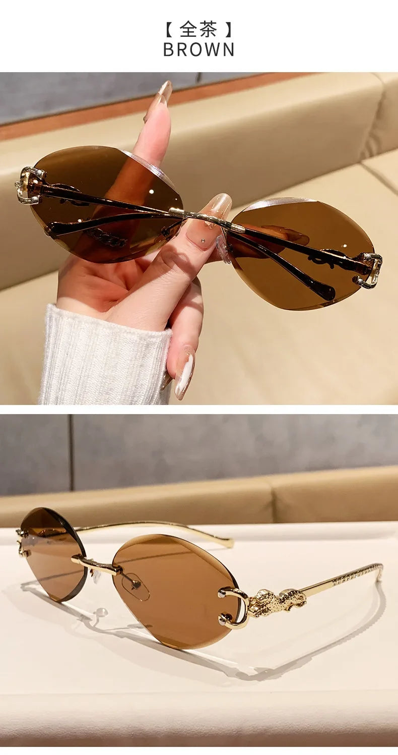 2026 New Fashion Leopard Head Frameless Oval Sunglasses Women Men Internet Celebrity Female Sunscreen Sun Glasses High-end UV400