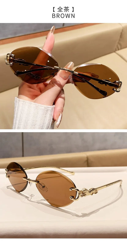2026 New Fashion Leopard Head Frameless Oval Sunglasses Women Men Internet Celebrity Female Sunscreen Sun Glasses High-end UV400