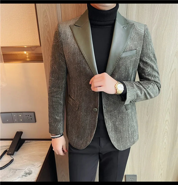 2025 Fashion Leather Neck Spliced Suit Jacket Luxury Men's Business Slim Fit Social Formal Blazers Coats Wedding Groom Tuxedos