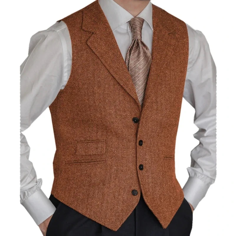 Men Vest Brown Classic Herringbone Pattern Suit Vest Notch Lapel Waistcoat Slim Formal For Wedding Groomsmen Banquet Men Suit