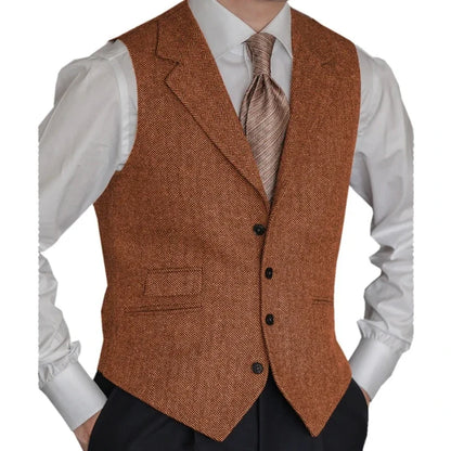 Men Vest Brown Classic Herringbone Pattern Suit Vest Notch Lapel Waistcoat Slim Formal For Wedding Groomsmen Banquet Men Suit