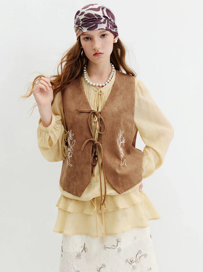 2026 Fall New Women‘s Faux Suede V-Neck Lace-Up Vest, Embroidered Cropped Layering Top Vintage Boho Chic Style Streetwear