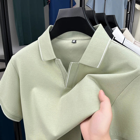 Fashion brand men's short sleeve polo simple comfortable high-end solid color personalized V-neck summer leisure lapel T-shirt